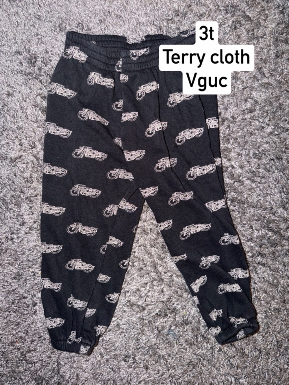 kate quinn Black Terry Cloth Pants with White Motorcycle Print